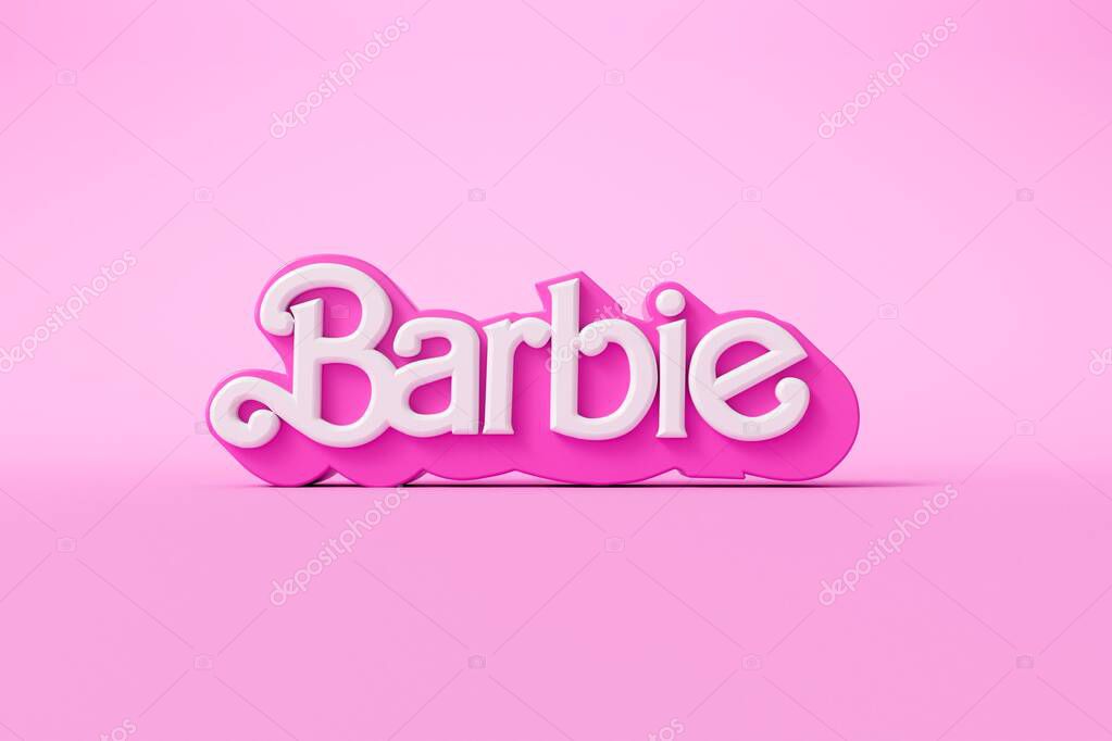 LONDON, UK - July 2023: Barbie doll logo. Barbie is a fashion doll made by Mattel. 3D Rendering.