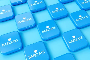 LONDON, İngiltere - Temmuz 2023: Barclays Bank blue and white company logosu. 3B Hazırlama.