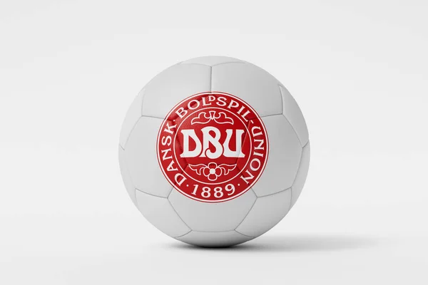 2023年7月 丹麦国家足球队在足球上的标志徽章 3D渲染 — 图库照片