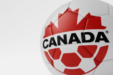 LONDON, İngiltere - Temmuz 2023: Bir futbol topunda Kanada milli futbol takımı logosu rozeti. 3B Hazırlama.