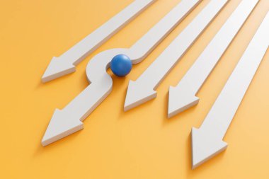 Yoluna çıkan bir engelin etrafında beyaz bir iş yönü oku hareket ediyor. 3B Hazırlama.