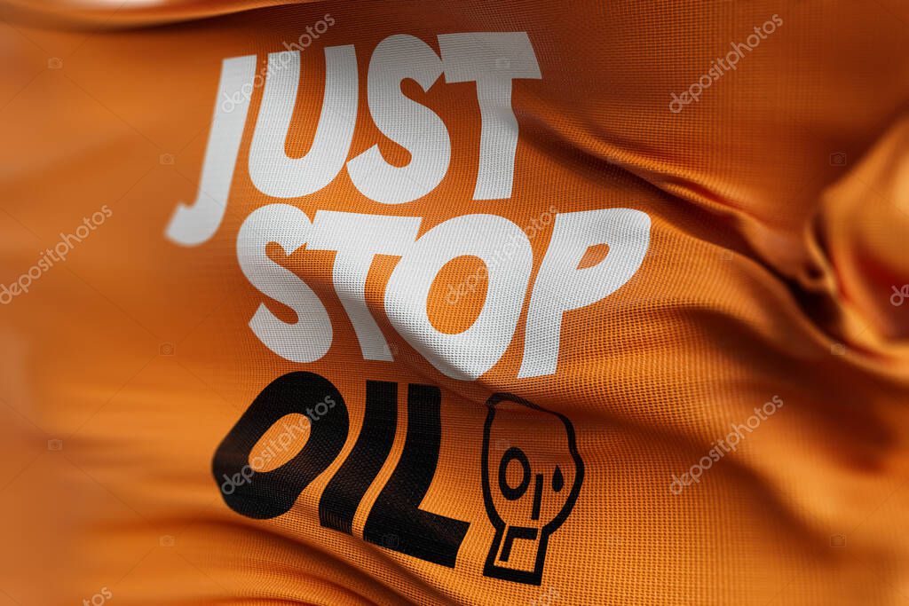 LONDON, UK - July 2023: Just stop oil environmental protest activist logo on a flag. 3D Rendering.