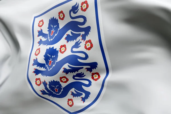 2023年7月 英格兰国家足球队标志徽章悬挂在国旗上 3D渲染 — 图库照片