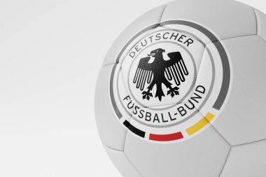 LONDON, İngiltere - Temmuz 2023: Almanya Milli Futbol Takımı logosu bir futbol topunun üzerinde. 3B Hazırlama.