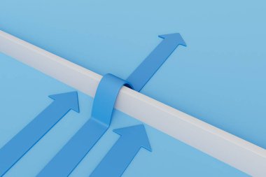 İş liderliği ve strateji. Bir ok diğerlerini geride bırakarak bir bariyerin üstesinden gelir. 3B Hazırlama.