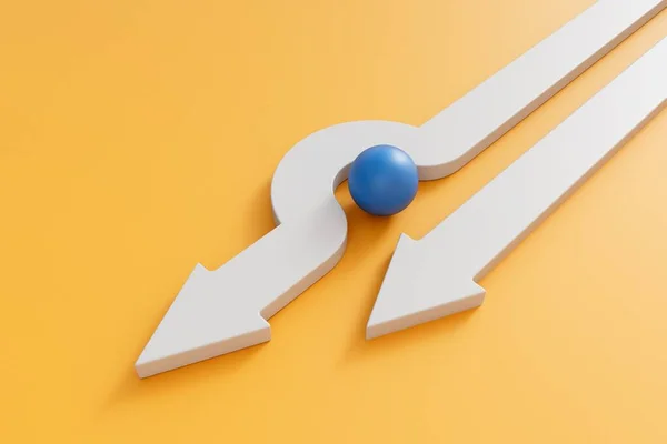 A white business direction arrow moves around an obstacle that is in its path. 3D Rendering.