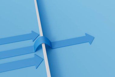 İş liderliği ve strateji. Bir ok diğerlerini geride bırakarak bir bariyerin üstesinden gelir. 3B Hazırlama.