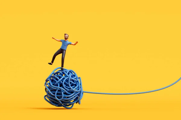 Man Stood Tangled Ball String Overcoming Stress Mental Health Rendering — Stock Photo, Image