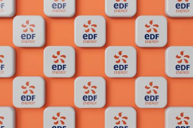 LONDON, İngiltere - Temmuz 2023: EDF doğalgaz ve elektrik enerji tedarikçisi şirket logosu. 3B Hazırlama.