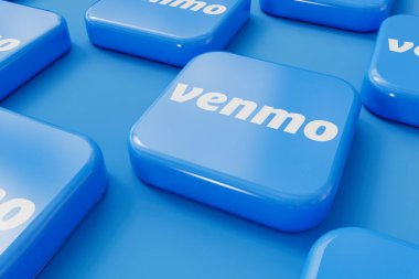 LONDON, İngiltere - Eylül 2023: Venmo çevrimiçi ödeme paylaşım hizmeti sağlayıcısı şirket logosu. 3B Hazırlama.