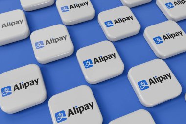 LONDON, İngiltere - Eylül 2023: Alipay mobil ve çevrimiçi ödeme hizmeti sağlayıcısı şirket logosu. 3B Hazırlama.
