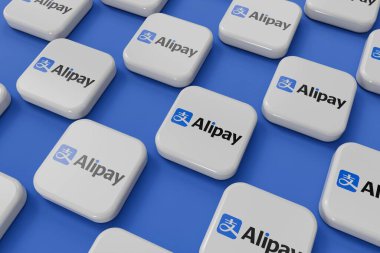 LONDON, İngiltere - Eylül 2023: Alipay mobil ve çevrimiçi ödeme hizmeti sağlayıcısı şirket logosu. 3B Hazırlama.