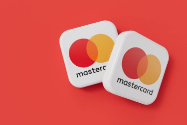 LONDON, İngiltere - Nisan 2024: Mastercard ödeme ve finans hizmetleri şirketi logosu. 3B Hazırlama.