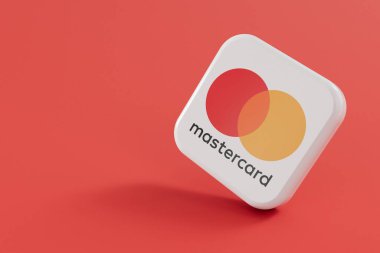 LONDON, İngiltere - Nisan 2024: Mastercard ödeme ve finans hizmetleri şirketi logosu. 3B Hazırlama.