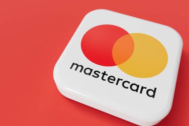LONDON, İngiltere - Nisan 2024: Mastercard ödeme ve finans hizmetleri şirketi logosu. 3B Hazırlama.