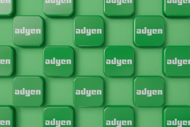 LONDON, İngiltere - Nisan 2024: Adyen iş ödemeleri servis sağlayıcısı şirket logosu. 3B Hazırlama.