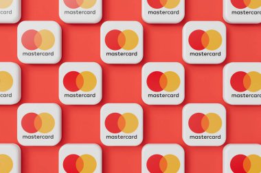 LONDON, İngiltere - Nisan 2024: Mastercard ödeme ve finans hizmetleri şirketi logosu. 3B Hazırlama.
