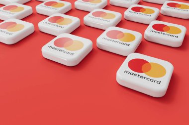 LONDON, İngiltere - Nisan 2024: Mastercard ödeme ve finans hizmetleri şirketi logosu. 3B Hazırlama.