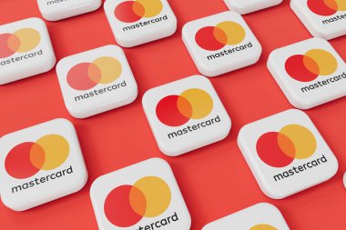 LONDON, İngiltere - Nisan 2024: Mastercard ödeme ve finans hizmetleri şirketi logosu. 3B Hazırlama.