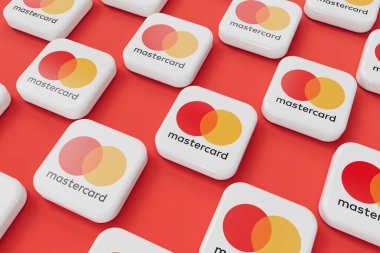 LONDON, İngiltere - Nisan 2024: Mastercard ödeme ve finans hizmetleri şirketi logosu. 3B Hazırlama.