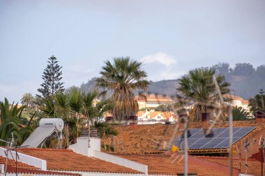 Kırmızı tuğlalardan ve kırmızı fayanslardan oluşan tek bir aile evinin çatısındaki güneş panelleri, palmiye ağaçları ve arka planda ağaçlardan oluşan bir manzara. Tenerife, Kanarya Adaları, İspanya