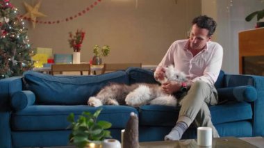 Adam oturma odasındaki kanepede oturuyor Noel süsleriyle, köpeğini okşuyor ve tablet üzerinde çalışıyor..