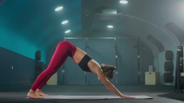 Young Fit Woman Sportswear Doing Yoga Gym Downward Facing Dog — Αρχείο Βίντεο