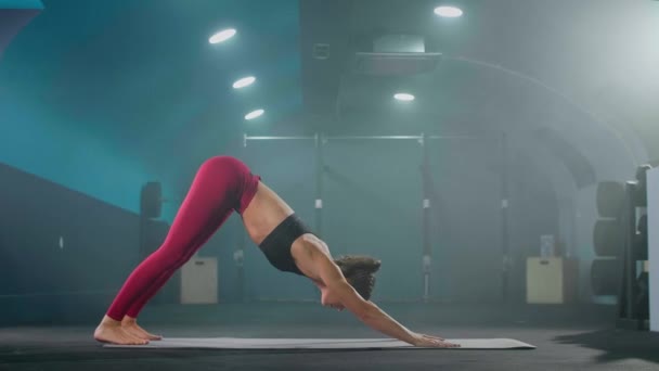Young Fit Woman Sportswear Doing Yoga Gym Upward Facing Dog — стоковое видео