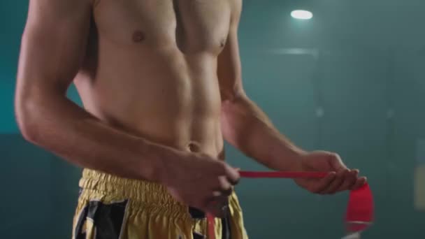 Muay Thai Boxer Preparing Bandages Training — Stockvideo