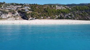 Aerial view of tropical sea in summer season on Milos beach on Lefkada island.
