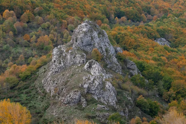 Prachtig Uitzicht Een Rotsformatie Tussen Herfstbomen Die Het Omringen Valle — Stockfoto