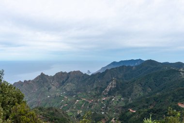 Arka planda Atlantik Okyanusu kıyıları ile güzel dağlık bir manzara ve kıyıda kayalık bir ada, ön planda çalılar ve Tenerife, Kanarya Adaları, İspanya 'da küçük bir kırsal kasaba