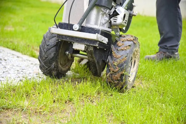 Bir robot çim biçme makinesinin sınır teline yardım eden bahçıvan - yakın plan