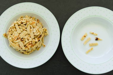 İki çorba kâsesinde bariz bir şekilde eşit olarak bölünmüş. Dengesizlik ve adaletsizlik.