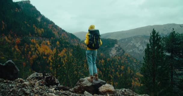 Turista Con Mochila Excursión Otoño Viaje Día Nublado Suéter Amarillo — Vídeos de Stock