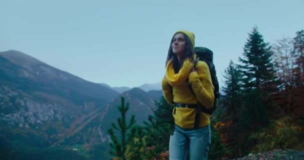 Femme Voyageur Marche Sur Beau Paysage Montagne Avec Sac Dos — Video