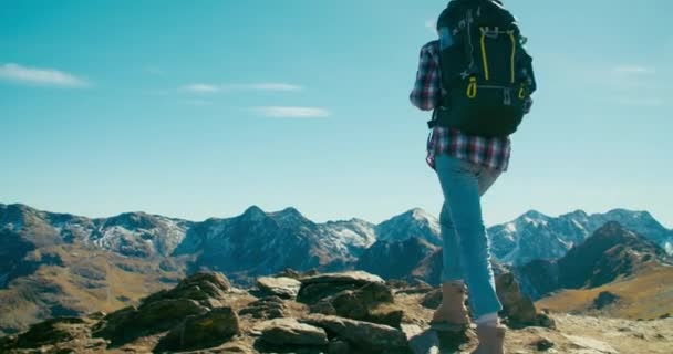 Vrouwelijke Reiziger Met Wandelrugzak Stijgende Handen Bergtop Episch Natuurlandschap Backpacker — Stockvideo