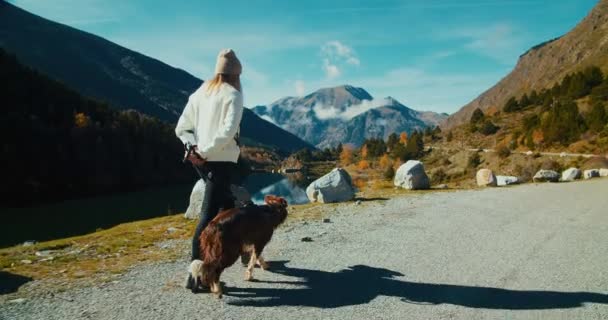 阳光明媚的日子 女人在湖边散步时 把她的宠物拴在山绳上 女游客与狗一起探险和远足 人与动物的友谊 — 图库视频影像