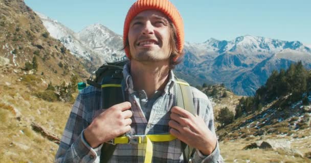 Male Portrait Stand Mountain Landscape Enjoys Freedom Vacation Travel Contented — Stock Video