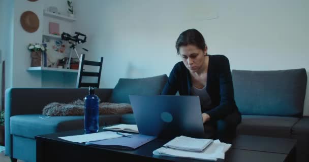 Madre Freelancer Sentarse Sofá Trabajo Casa Con Hijo Computadora Interrumpe — Vídeo de stock