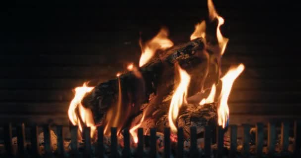 慢动作在家里的壁炉里射出了火 燃烧的柴火和燃烧的煤 能源危机保暖房 — 图库视频影像