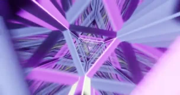 カメラはネオンの三角形を後方に飛ぶ 未来的な抽象とループの背景アニメーション — ストック動画
