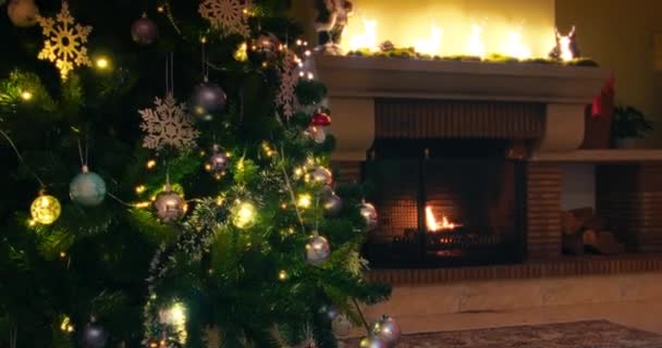 Zimowy Urlop Atmosfera Miga Światła Girlandy Choince Płonący Kominek Backgound — Wideo stockowe