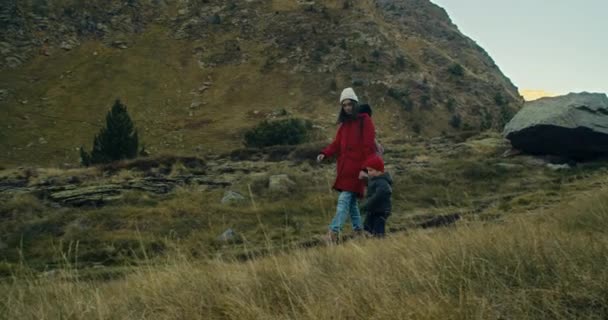 Family Trekking Together Vacation Mountain Trip Tourist Woman Holding Child — Stock Video