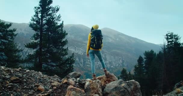 旅行中の雨の日にはエッジの山の景色を楽しむ女性 旅行の冒険にハイカーバックパックを持つ観光客 — ストック動画