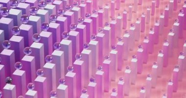Tepesinde cam küreler olan çubuklar dalga hareketinde yukarı ve aşağı hareket ediyor soyut 3d canlandırma arkaplanı