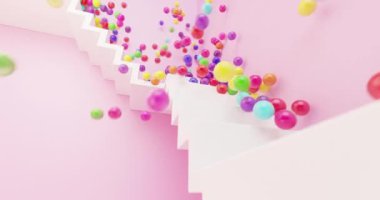 3D render animation background party concept multiple colorful countless balls or candies falling down stairs