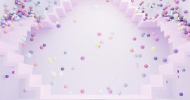 3D render animation background party concept multiple colorful countless balls or candies falling down stairs