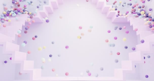 3D渲染动画背景派对的概念多彩多姿的无数球或糖果掉下楼梯 — 图库视频影像