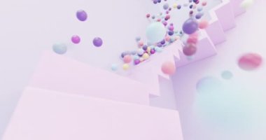 3D render animation background party concept multiple colorful countless balls or candies falling down stairs